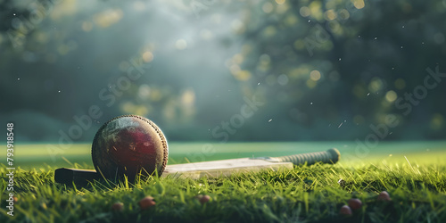 Cricket ball on the top of cricket bat on green grass of ground background - Ai Generated