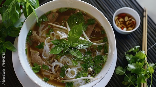 A delicious plate of Vietnamese pho soup, filled with fragrant herbs, tender noodles, and savory broth, capturing the essence of beloved Vietnamese comfort food.