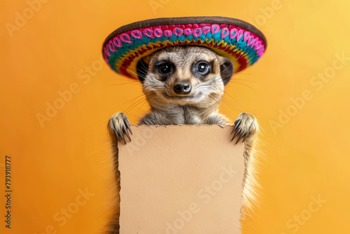 Meerkat wearing a mexican sombrero hat holding a blank notice sign