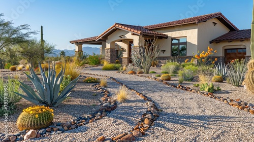 A drought-resistant xeriscape garden in front of a desert home, showcasing native plants, gravel pathways