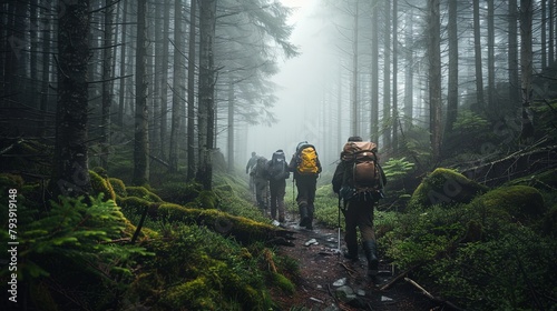 A group of friends trekking through a misty forest trail, their backpacks equipped for a rainy day adventure in the great outdoors.