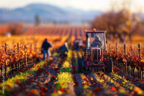 The image captures farm workers and a tractor in a vineyard at sunset during the autumn season. The warm colors highlight the seasonal beauty and agricultural activity.