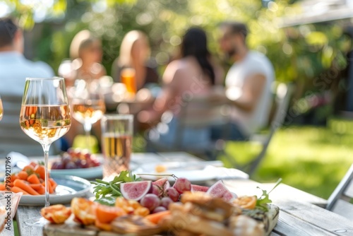 Close up of a wine glass with a group of friends enjoying a relaxed summer garden party in the background, featuring fresh fruits and snacks on a sunny day.