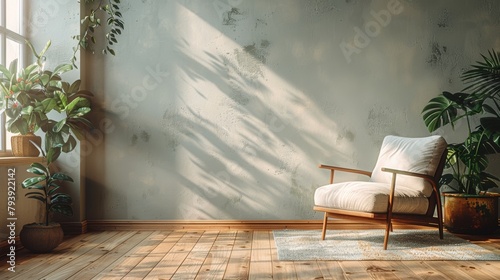 An empty room with a chair in the center. There are plants in the background and sunlight is shining through the window.
