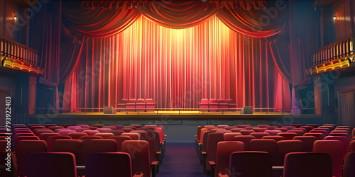 Cinematic Ambiance: Empty Movie Theatre with Stage Curtains Background, Theatrical Setting: Empty Stage and Movie Theatre with Curtains Background - Ai Generated