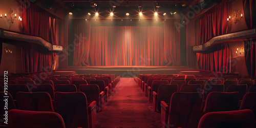Cinematic Ambiance: Empty Movie Theatre with Stage Curtains Background, Theatrical Setting: Empty Stage and Movie Theatre with Curtains Background - Ai Generated