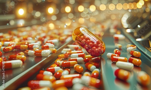 A modern pharmaceutical factory with pills moving dynamically on a conveyor belt