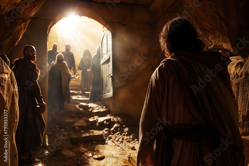 An atmospheric shot of Jesus speaking powerful words as Lazarus steps forth from the tomb's entrance.