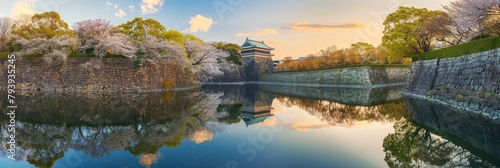 Majestic view of Osaka Castle surrounded by cherry blossoms and reflected in the castle moat, showcasing the beauty of spring and historical Japanese architecture