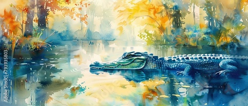 Nature scene, crocodile in a lake, vibrant and serene with bright watercolor