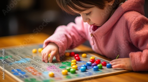 A young girl engrossed in a board game, her eyes shining with excitement as she plans her next move