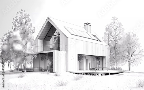 3d rendering of modern clinker house. Black line sketch with soft light shadows on white background