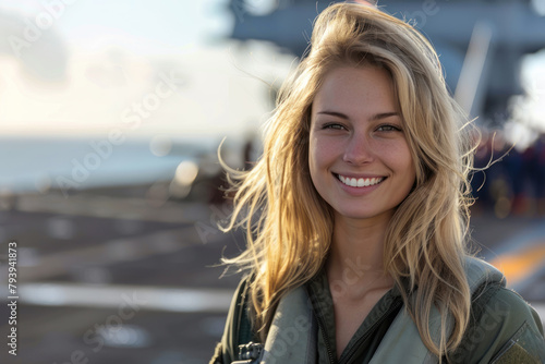 Blonde woman wearing military pilot uniform in military operations