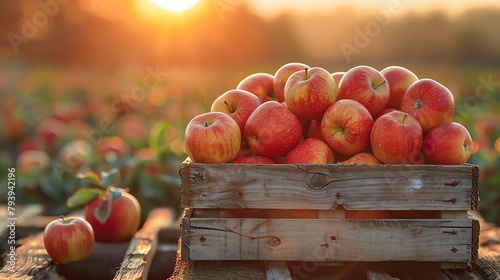 A wooden crate full of red apples sits in an orchard at sunset.