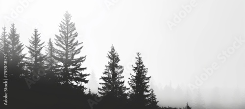 black and white silhouette of a realistic pine trees, banner with copy space