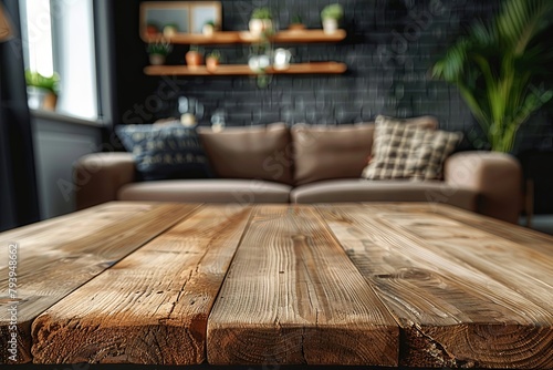 A wooden table top made of sawn wood in the interior of the room on the background of a sofa 