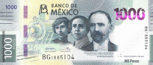 Vector obverse high polygonal pixel mosaic banknote of Mexico. Front side. Denominations of bill 1000 pesos. Game money of flyer.