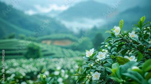 White jasmine flowers blooming in the morning on tea plantation