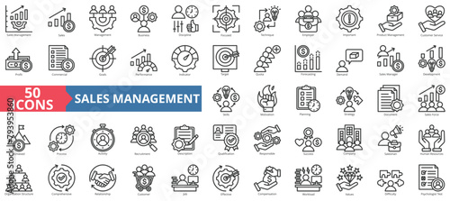 Sales management icon collection set. Containing business, discipline, focused, technique, employer, important, product icon. Simple line vector.