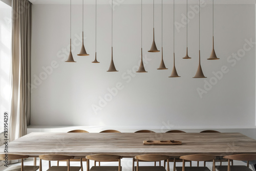Modern minimalist dining room featuring a long wooden table and hanging cone-shaped pendant lights