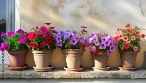 Surfinia, drooping ampersed flowers of different colors in pots on terrace. Sunny day. Gardening and plants. Landscape design. 
