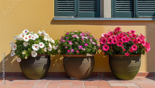 Surfinia, drooping ampersed flowers of different colors in pots on terrace. Sunny day. Gardening and plants. Landscape design. 
