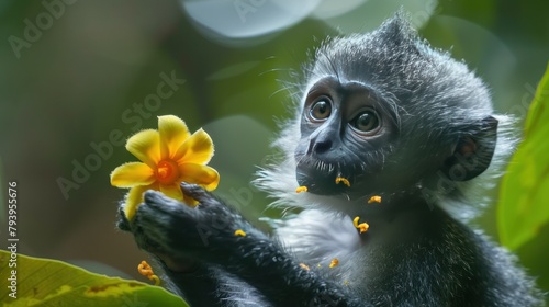 Trachypithecus cristatus, the silver leaf Lutung monkey, reaches out to eat a yellow flower