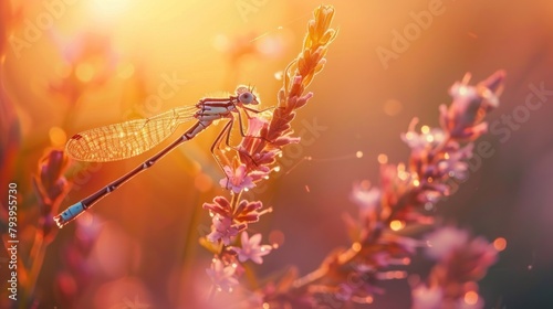 Amazing macro shot of a Polish blue dam (Coenagrion puella) resting on a flower in a natural environment. Natural sunrise light in the morning