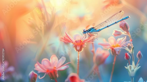 Amazing macro shot of a Polish blue dam (Coenagrion puella) resting on a flower in a natural environment. Natural sunrise light in the morning
