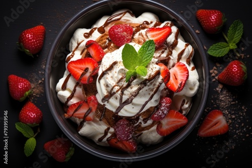 A luxurious dessert with rich chocolate, fresh strawberries, and whipped cream