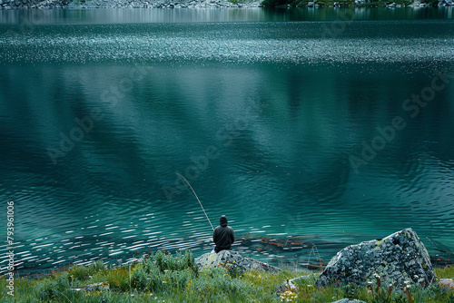 A fisherman casts his line into a random spot on the lake - hopeful for a good catch - a moment capturing the essence of nature's unpredictability