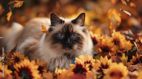 Himalayan cat captured in impressionism among falling leaves and chrysanthemums for United Nations Day