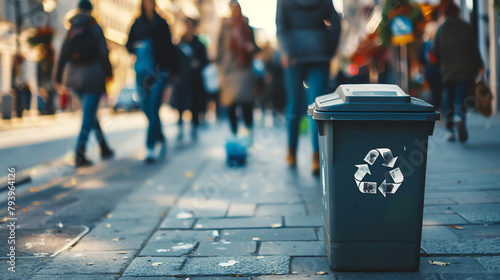 A recycle bin on a city sidewalk, with pedestrians in the background, representing urban efforts to support recycling and sustainability.