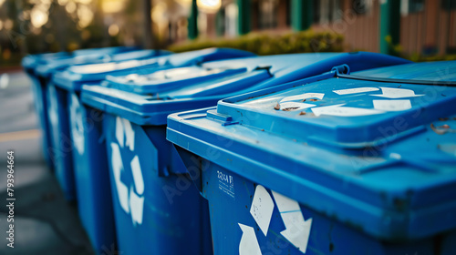 A series of blue recycle bins lined up at a community recycling center, each bin clearly marked for different recyclable materials.