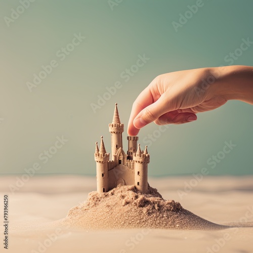 Little hand building sand castle on beach