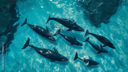 Aerial view of a pod of whales migrating through crystal-clear waters, the gentle giants casting shadows on the sea floor, epitomizing peaceful coexistence.