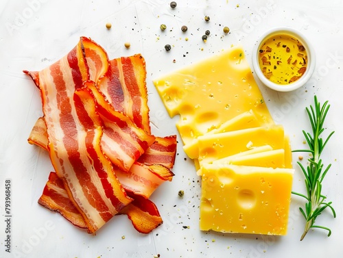 Bacon, cheese and herbs on a white background.