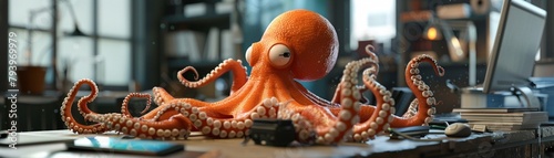 3D visualization of an octopus CEO at a desk, multitasking with tech gadgets, office backdrop, engaging