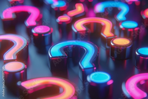 abstract bright neon question marks on dark black background 3d rendering of inquiry concept