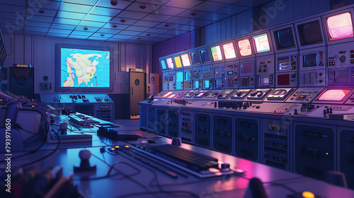 Close-up shot of the control room inside a nuclear power plant, featuring high-tech monitoring equipment and glowing screens.