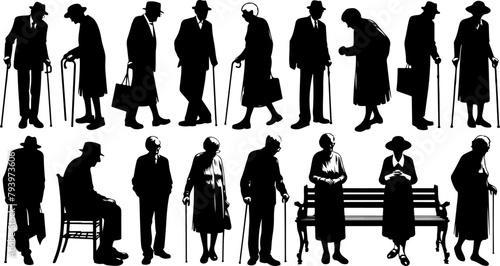 Set de silhouettes personnes âgées. Vecteur noir fond transparent 