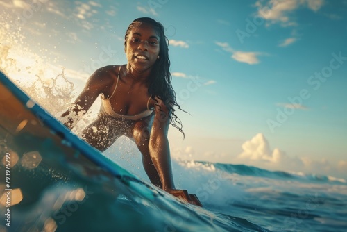 tThe black woman found solace and joy, her surfboard a vessel for self-expression and liberation, allowing her to enjoy a lifestyle defined by the pursuit of adventure and the pursuit of freedom