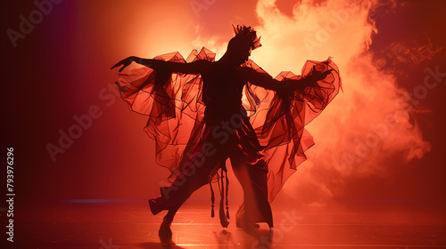 Modern dance performance featuring a choreography that interprets the struggle between good and evil, with the lead dancer representing the Devil in a striking costume.