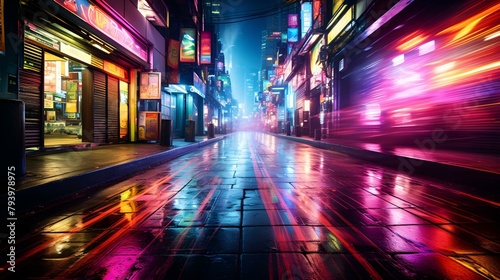 A lively city street at night, adorned with neon lights