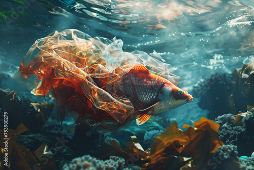 Golden or orange swimming fish underwater, with coral, algae and sea plants around them