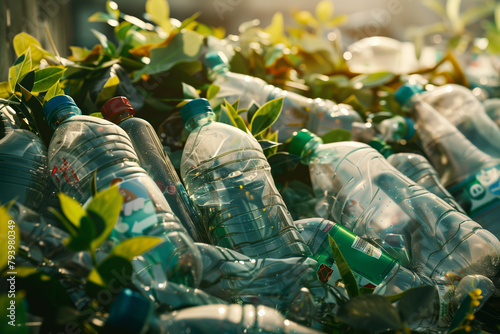 Plastic bottles lying on the grass, litter, environmental pollution