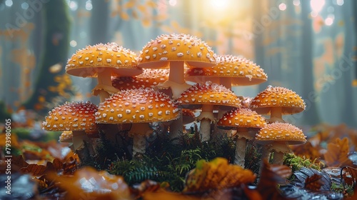 A mystical cluster of glowing, amber-hued mushrooms nestled on a forest floor, surrounded by fall foliage, evokes a fairytale atmosphere.