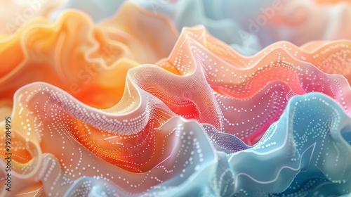 3D rendering of a colorful and wavy landscape with a glossy and bumpy surface