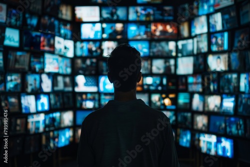 Digital saturation: man confronts a barrage of media screens