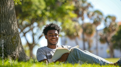 A cheerful young man university student sitting on the grass under a tree, enjoying a sunny day while reading a book, reflecting the balance between academic pursuits and personal well-being. 